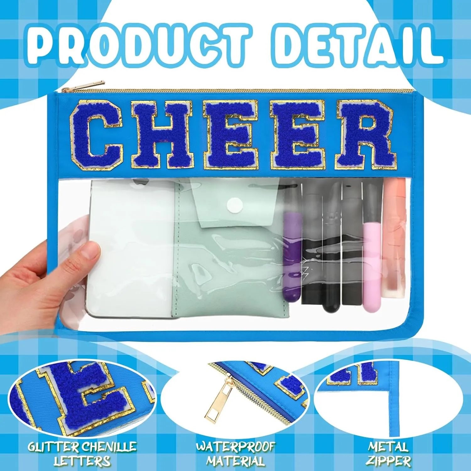 Abbylike 4 Pcs Cheer Makeup Bag Cheerleader Clear Letter Chenille Patch Bag Nylon Makeup Toiletry Pouch with Zipper for Cheerleading Team Women Gifts(Blue,Cheer)