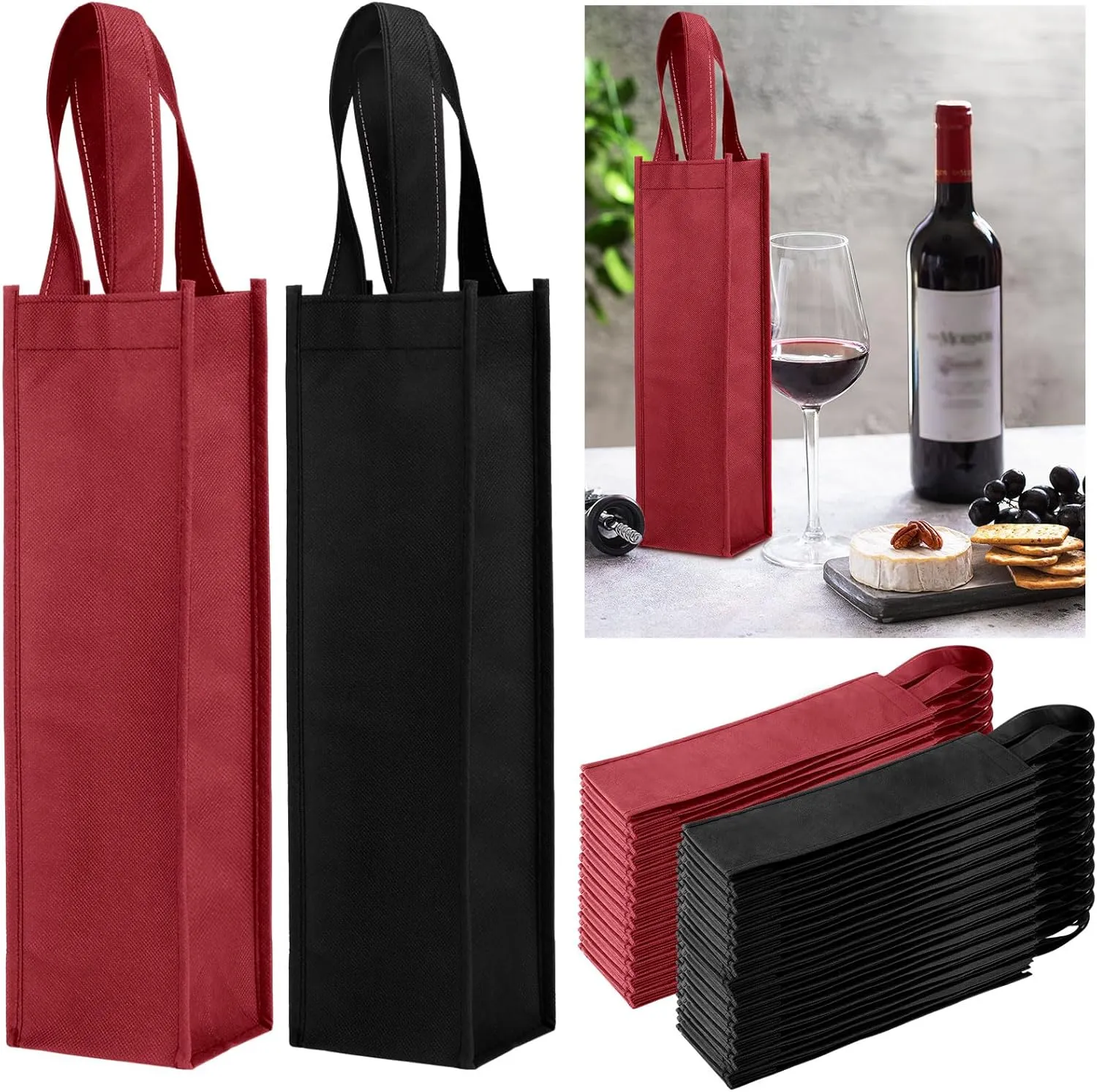 Abbylike 48 Pcs Colorful Wine Gift Bag Bulk Single Wine Bag Non Woven Wine Gift Bags Reusable Wine Bottle Bag with Handle for Christmas Party Holiday Birthday Wedding Birthday (Black, Wine Red)