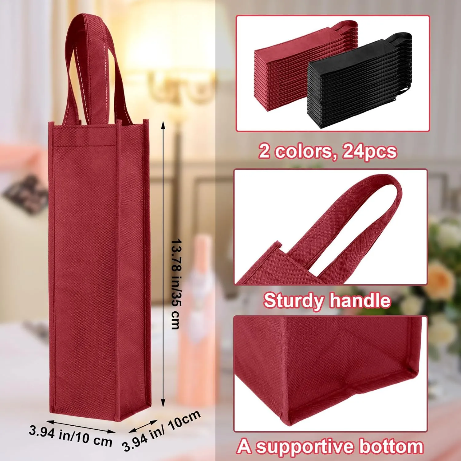 Abbylike 48 Pcs Colorful Wine Gift Bag Bulk Single Wine Bag Non Woven Wine Gift Bags Reusable Wine Bottle Bag with Handle for Christmas Party Holiday Birthday Wedding Birthday (Black, Wine Red)