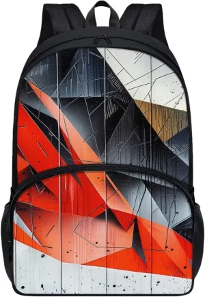 Abstract Geometric Art 17in Backpack for Teens, Red Black Geometric Fragment Elementary School Bookbag, Modern Minimalist Style Splashproof Large Teens Bookbag