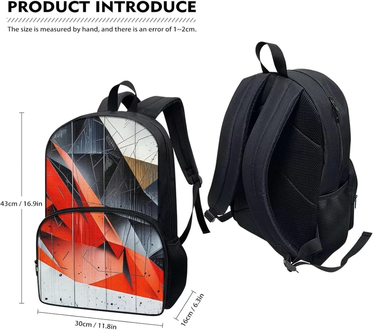 Abstract Geometric Art 17in Backpack for Teens, Red Black Geometric Fragment Elementary School Bookbag, Modern Minimalist Style Splashproof Large Teens Bookbag