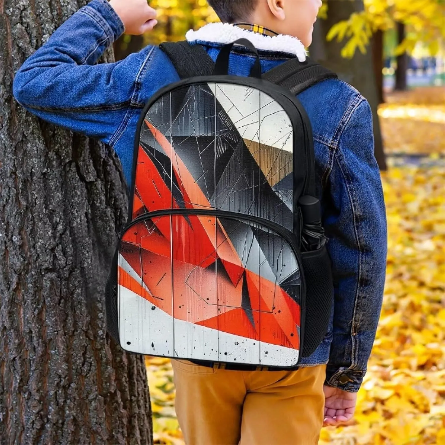 Abstract Geometric Art 17in Backpack for Teens, Red Black Geometric Fragment Elementary School Bookbag, Modern Minimalist Style Splashproof Large Teens Bookbag