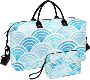 Abstract Geometric Blue Circles Duffel Bag for Gym Yoga Weekender Overnight Quilting Travel Bag Set