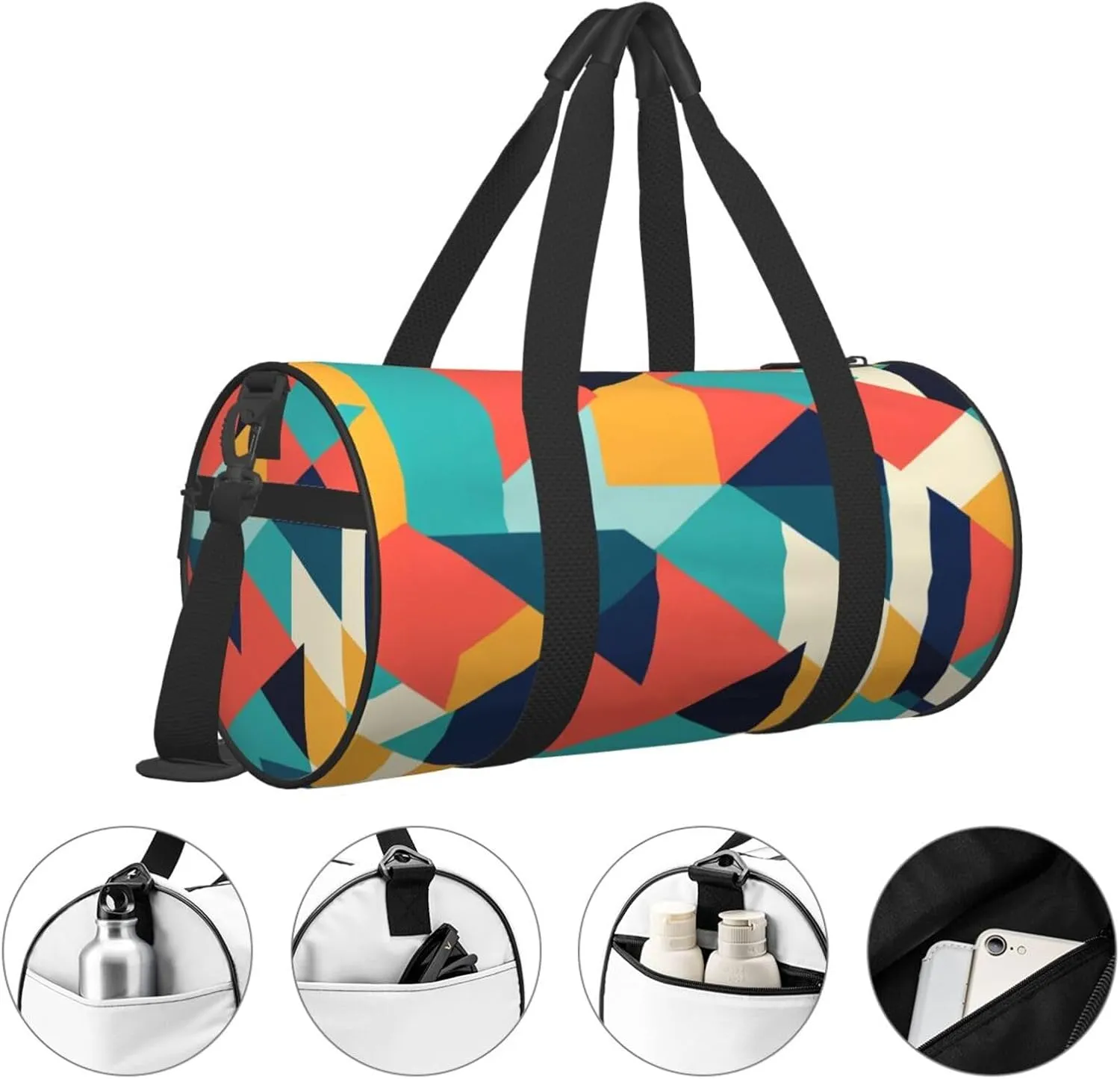 Abstract Geometric Printed Travel Bag,Round Personal Item Storage bag,Foldie Duffel Bag for Traveling Vacation,Fitness,Sports