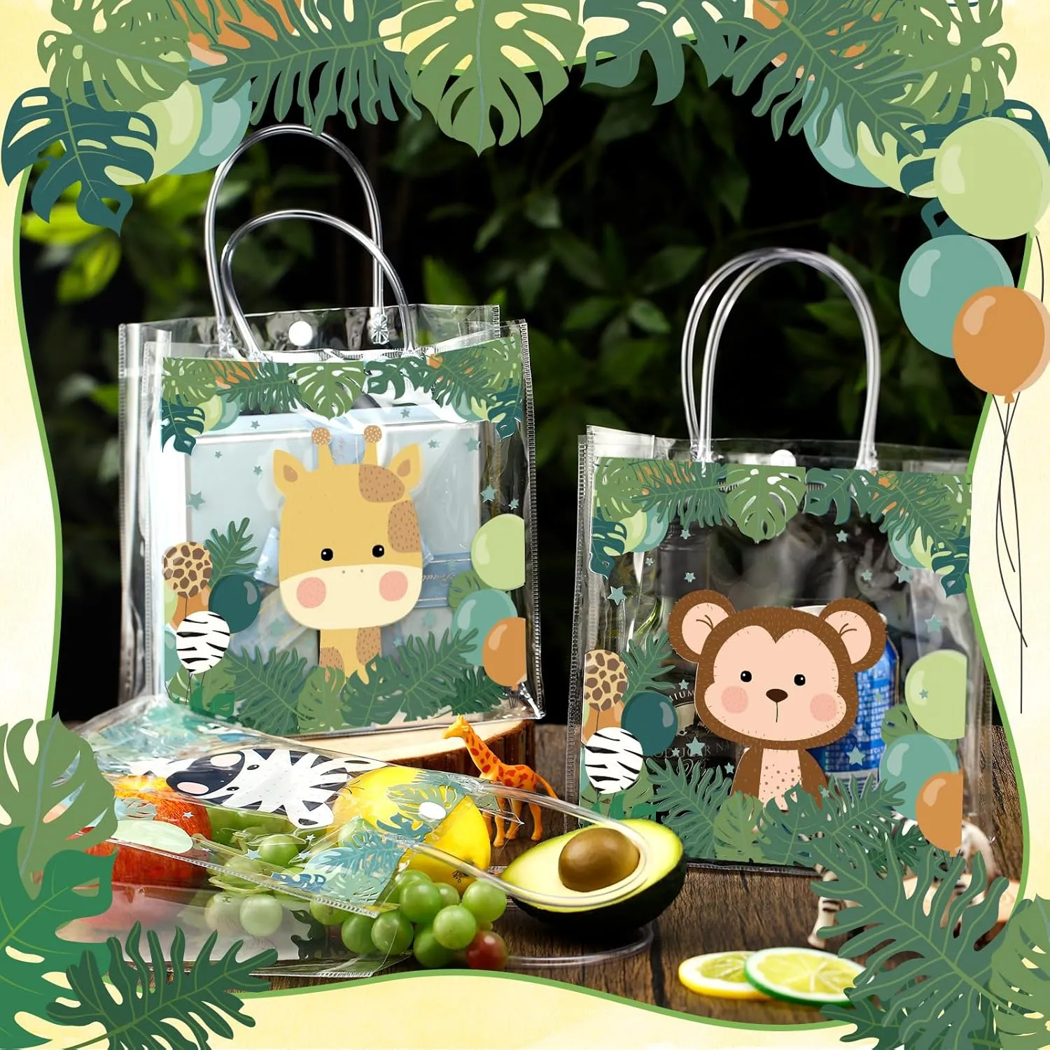 Aliceset 24 Pcs Safari Gift Bags with Handle Clear PVC Wild Animals Candy Treat Goodies Tote Bags for Summer Jungle Birthday Party Baby Shower Favor Supplies
