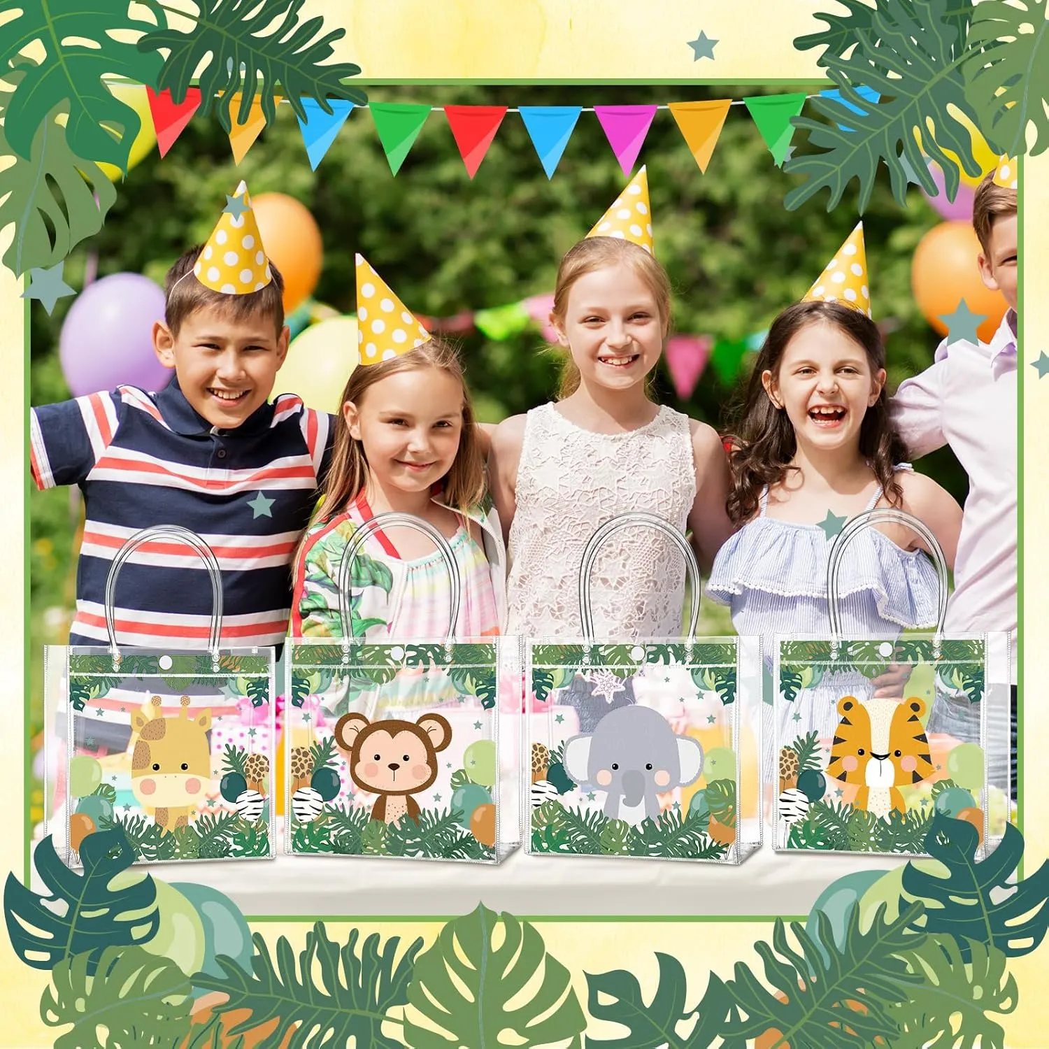 Aliceset 24 Pcs Safari Gift Bags with Handle Clear PVC Wild Animals Candy Treat Goodies Tote Bags for Summer Jungle Birthday Party Baby Shower Favor Supplies