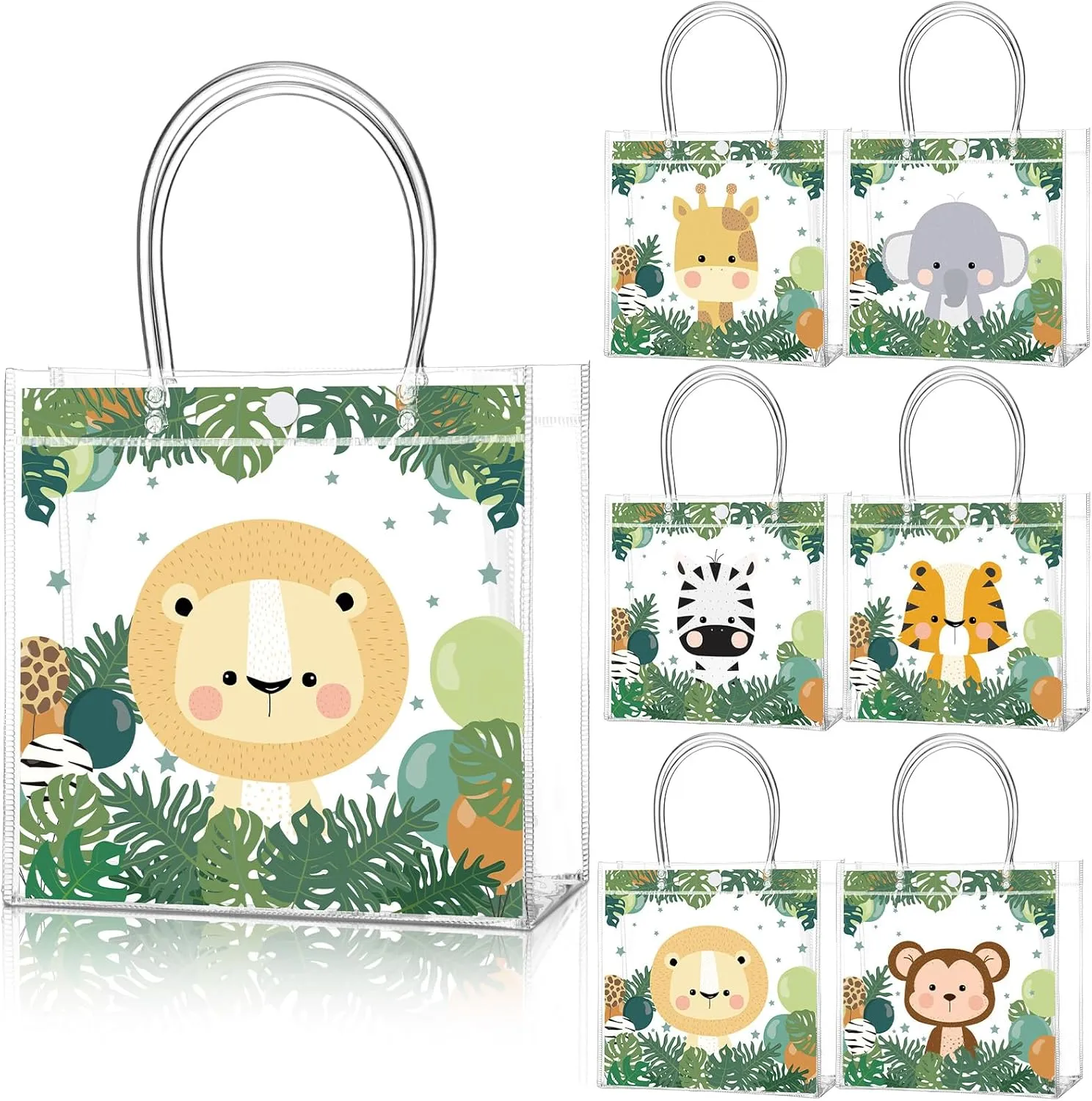 Aliceset 24 Pcs Safari Gift Bags with Handle Clear PVC Wild Animals Candy Treat Goodies Tote Bags for Summer Jungle Birthday Party Baby Shower Favor Supplies