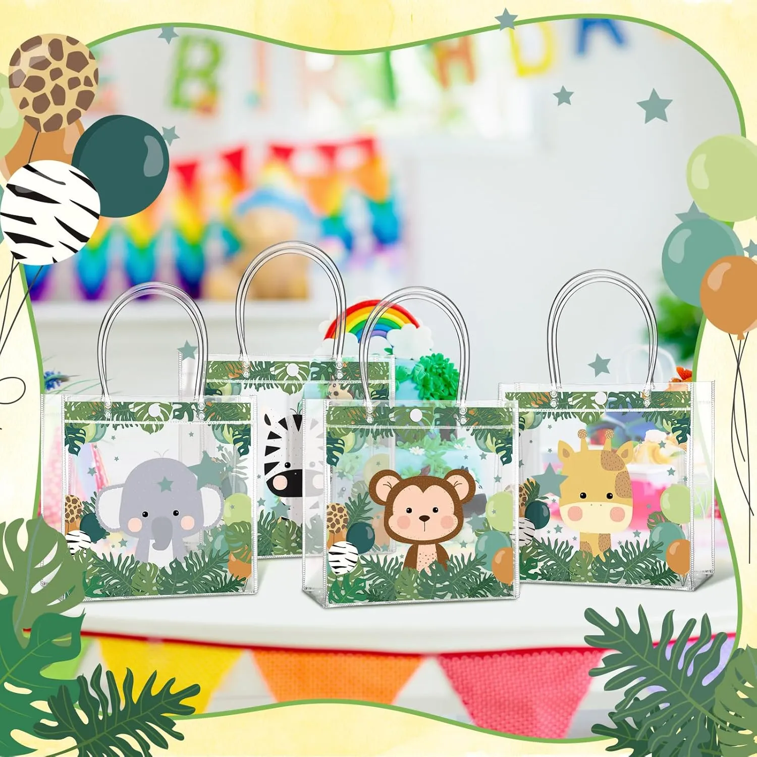 Aliceset 24 Pcs Safari Gift Bags with Handle Clear PVC Wild Animals Candy Treat Goodies Tote Bags for Summer Jungle Birthday Party Baby Shower Favor Supplies