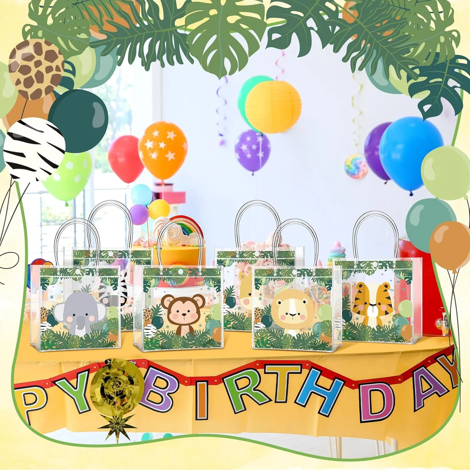 Aliceset 24 Pcs Safari Gift Bags with Handle Clear PVC Wild Animals Candy Treat Goodies Tote Bags for Summer Jungle Birthday Party Baby Shower Favor Supplies