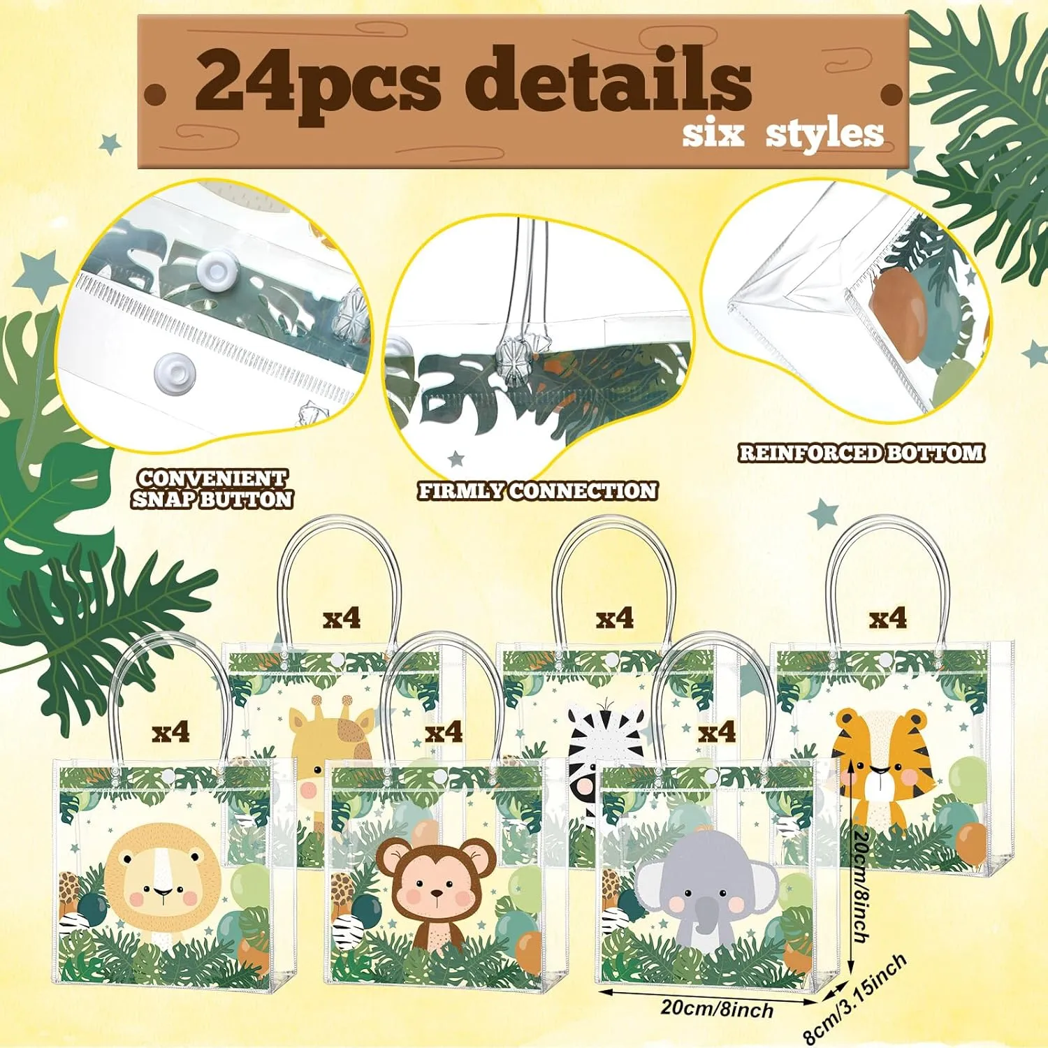 Aliceset 24 Pcs Safari Gift Bags with Handle Clear PVC Wild Animals Candy Treat Goodies Tote Bags for Summer Jungle Birthday Party Baby Shower Favor Supplies