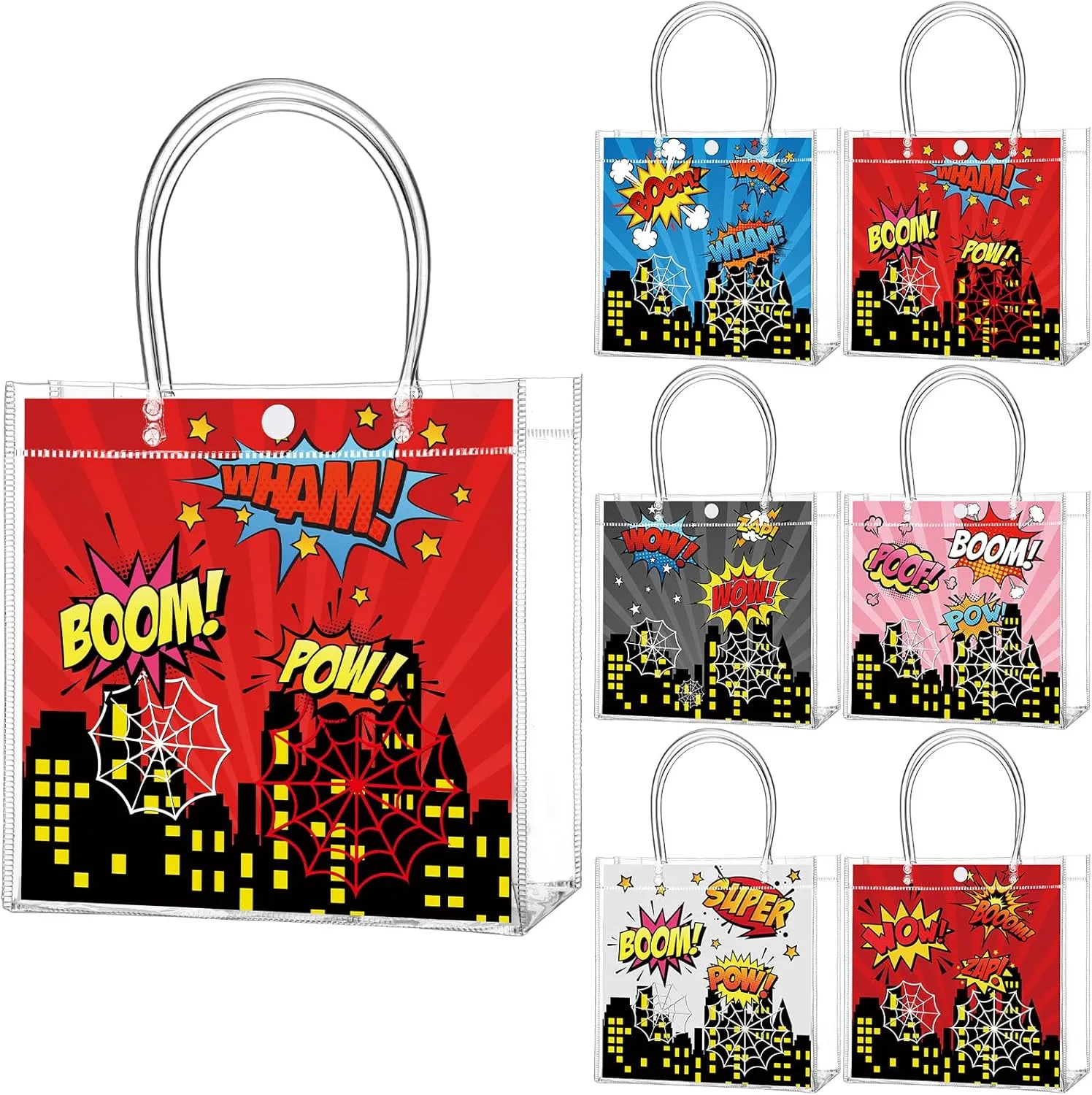 Aliceset 24 Pcs Spiderweb Gift Bags with Handle Clear PVC Hero Candy Treat Goodies Tote Bags for Hero Birthday Party Favor Supplies