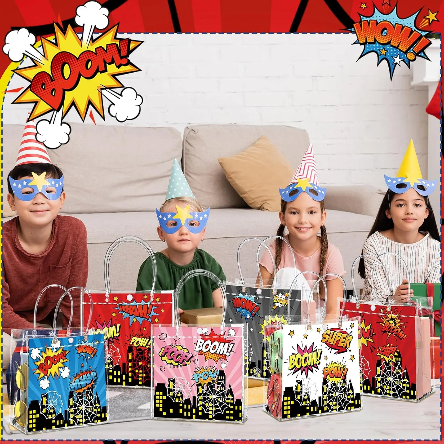 Aliceset 24 Pcs Spiderweb Gift Bags with Handle Clear PVC Hero Candy Treat Goodies Tote Bags for Hero Birthday Party Favor Supplies