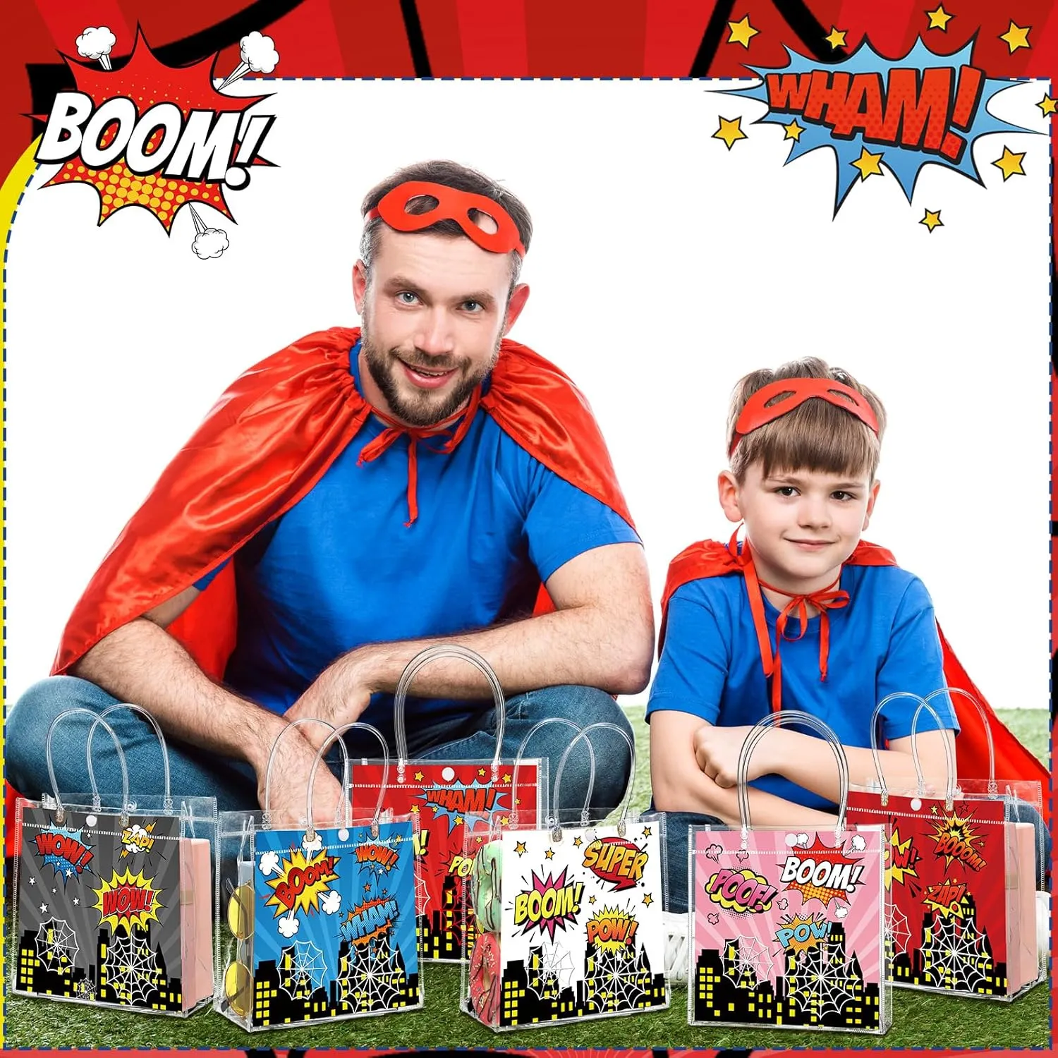 Aliceset 24 Pcs Spiderweb Gift Bags with Handle Clear PVC Hero Candy Treat Goodies Tote Bags for Hero Birthday Party Favor Supplies