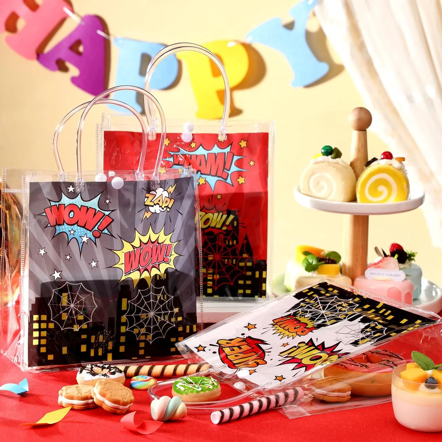 Aliceset 24 Pcs Spiderweb Gift Bags with Handle Clear PVC Hero Candy Treat Goodies Tote Bags for Hero Birthday Party Favor Supplies