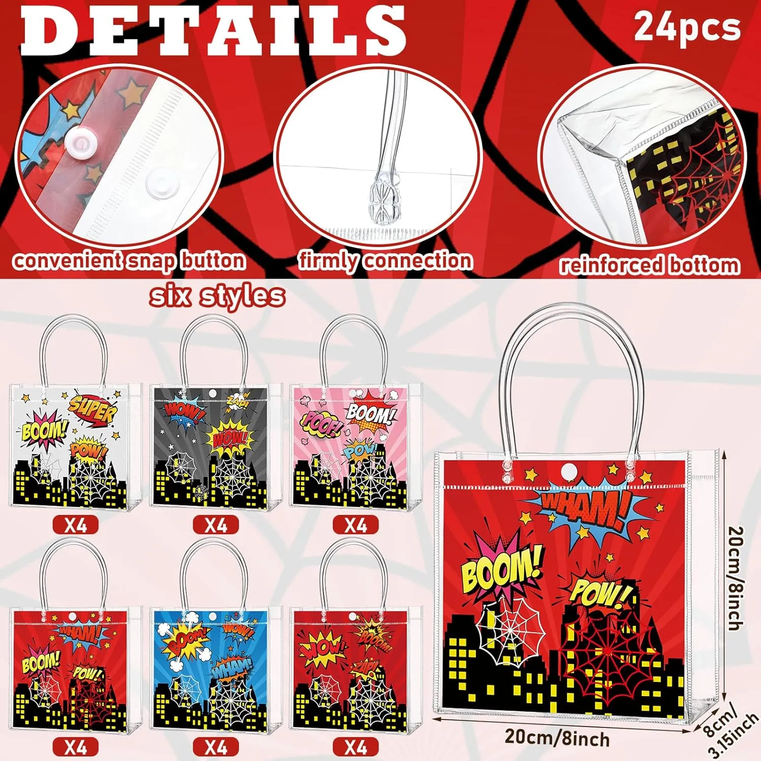 Aliceset 24 Pcs Spiderweb Gift Bags with Handle Clear PVC Hero Candy Treat Goodies Tote Bags for Hero Birthday Party Favor Supplies