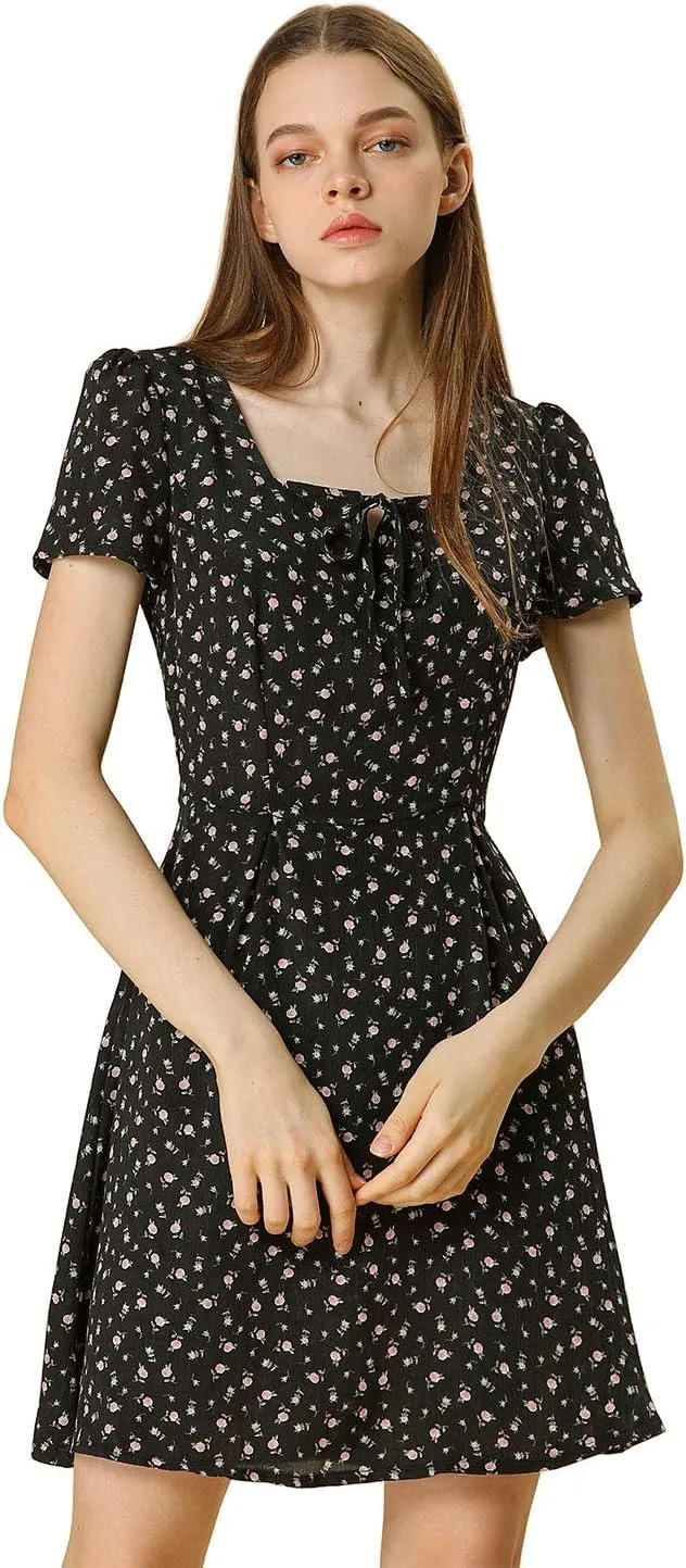 Allegra K Women's Printed Dress Summer 2025 Casual Square Neck Short Sleeve Fit and Flare Dresses