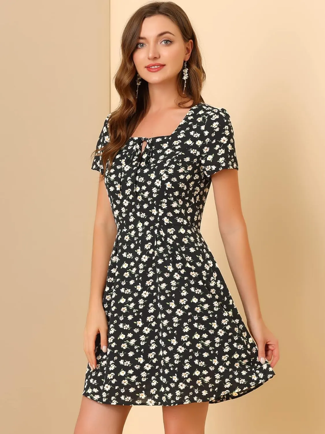 Allegra K Women's Printed Dress Summer 2025 Casual Square Neck Short Sleeve Fit and Flare Dresses