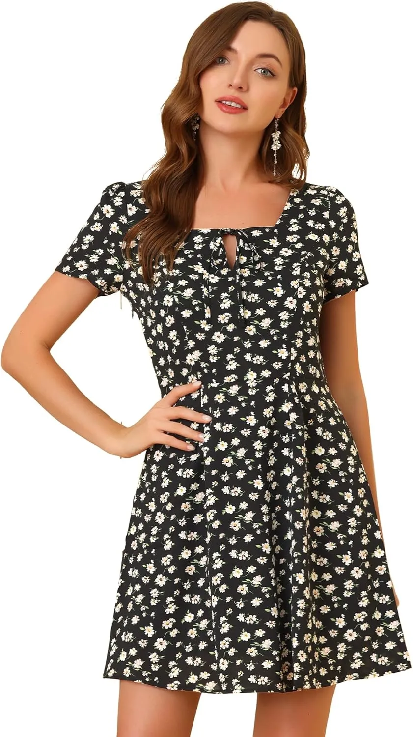 Allegra K Women's Printed Dress Summer 2025 Casual Square Neck Short Sleeve Fit and Flare Dresses