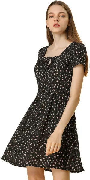 Allegra K Women's Printed Dress Summer 2025 Casual Square Neck Short Sleeve Fit and Flare Dresses