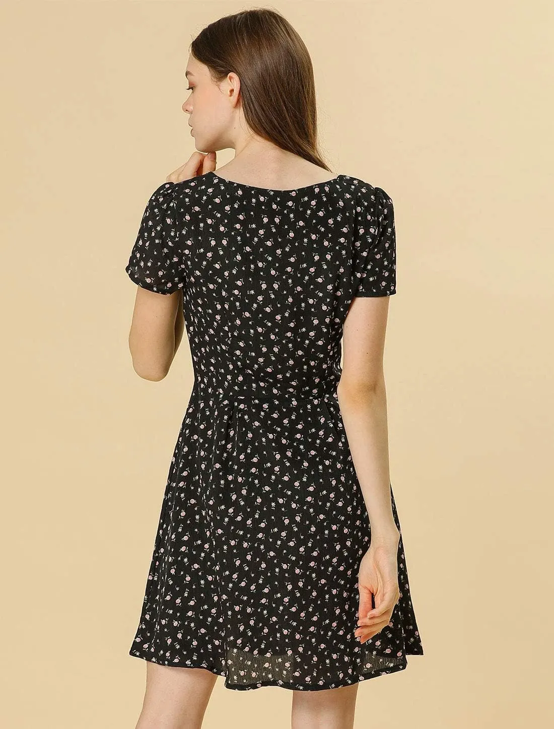 Allegra K Women's Printed Dress Summer 2025 Casual Square Neck Short Sleeve Fit and Flare Dresses