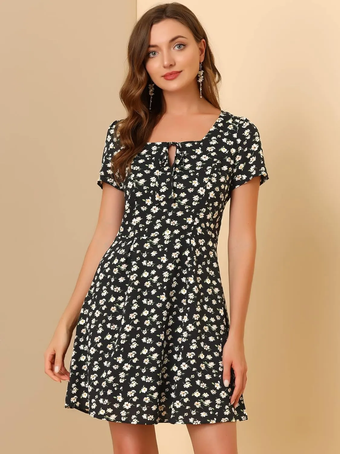 Allegra K Women's Printed Dress Summer 2025 Casual Square Neck Short Sleeve Fit and Flare Dresses