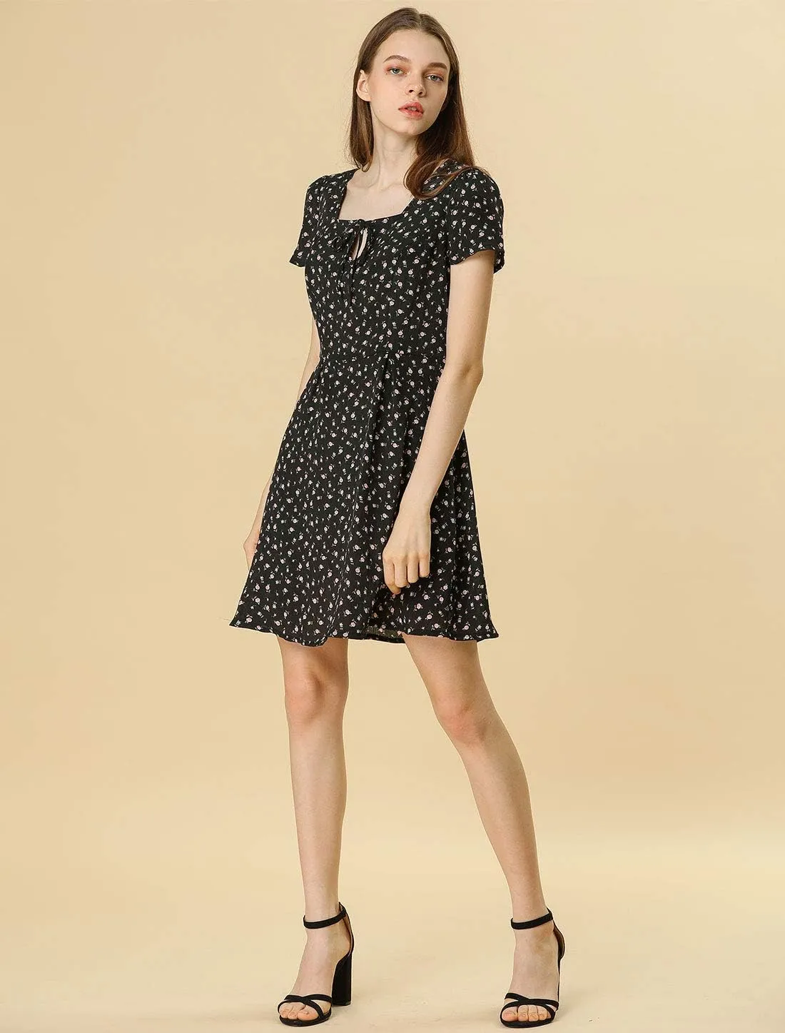 Allegra K Women's Printed Dress Summer 2025 Casual Square Neck Short Sleeve Fit and Flare Dresses