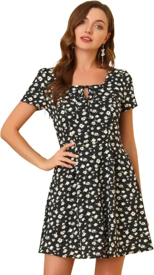 Allegra K Women's Printed Dress Summer 2025 Casual Square Neck Short Sleeve Fit and Flare Dresses