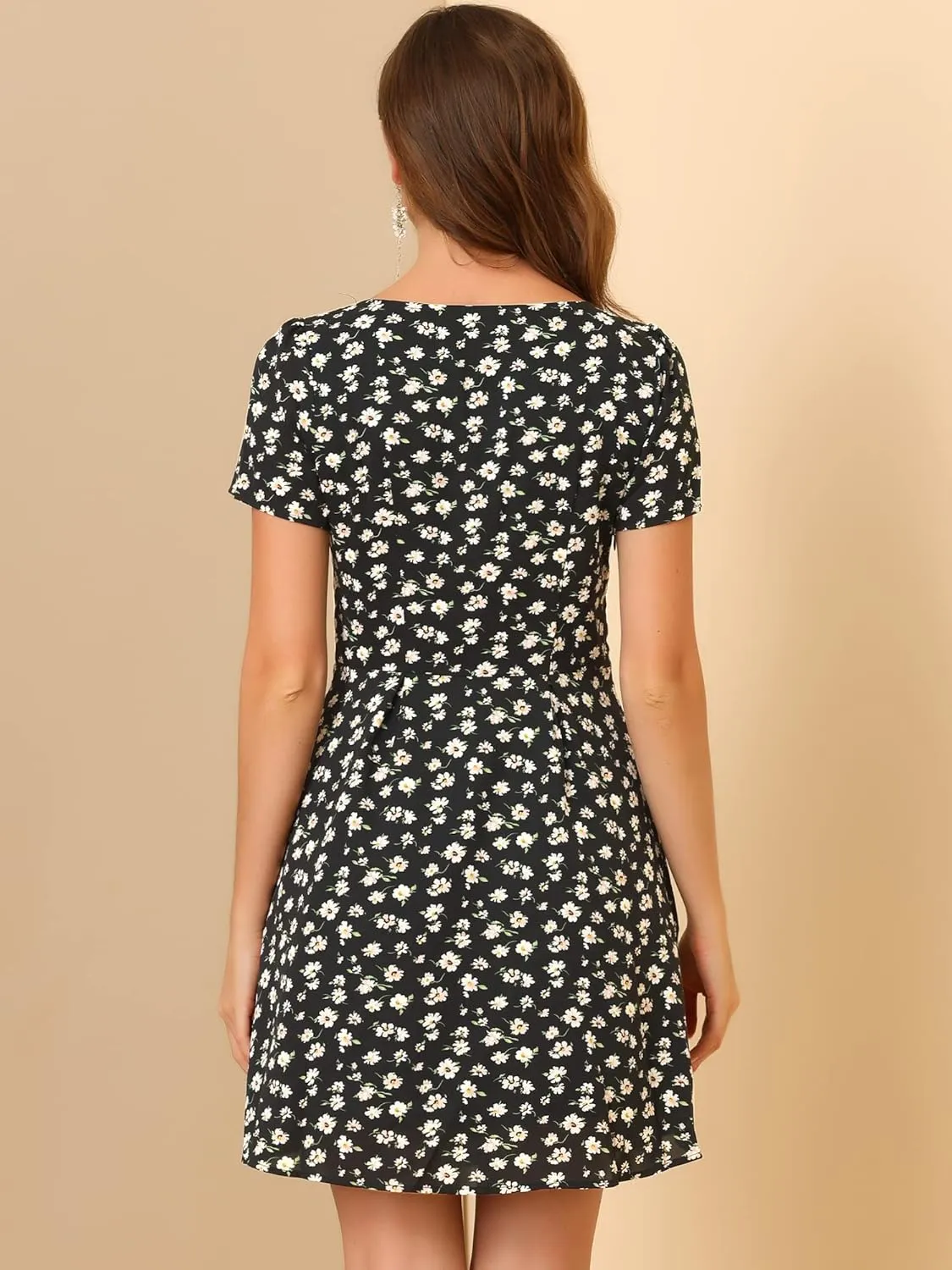 Allegra K Women's Printed Dress Summer 2025 Casual Square Neck Short Sleeve Fit and Flare Dresses