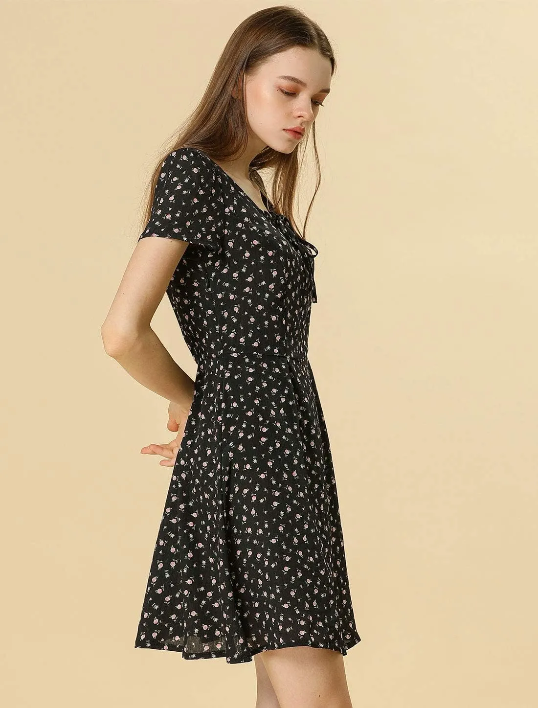 Allegra K Women's Printed Dress Summer 2025 Casual Square Neck Short Sleeve Fit and Flare Dresses