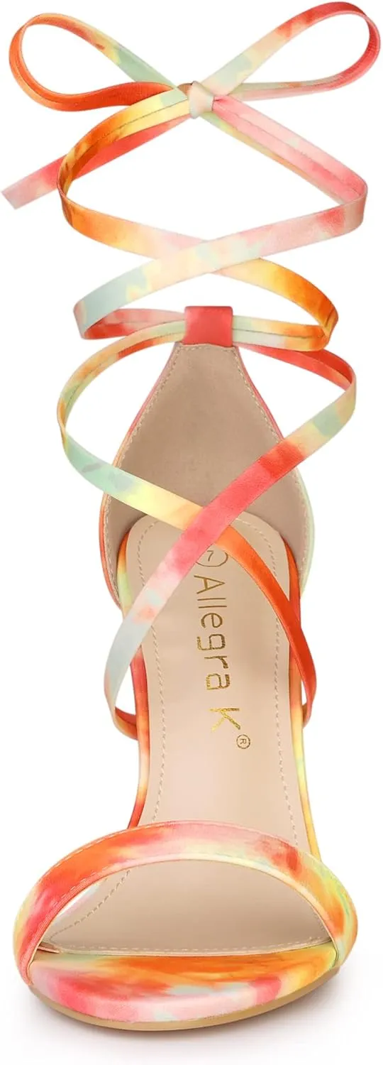 Allegra K Women's Tie Dye Lace Up Stiletto Heel Sandals