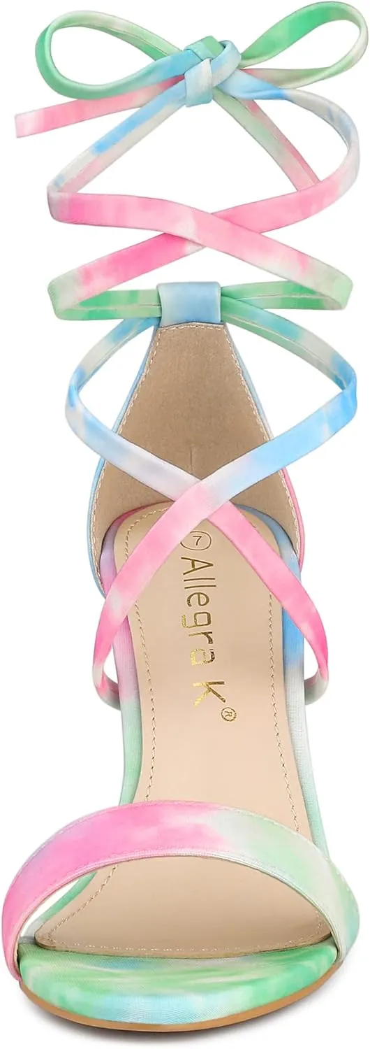 Allegra K Women's Tie Dye Lace Up Stiletto Heel Sandals