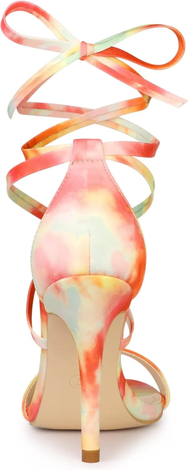 Allegra K Women's Tie Dye Lace Up Stiletto Heel Sandals