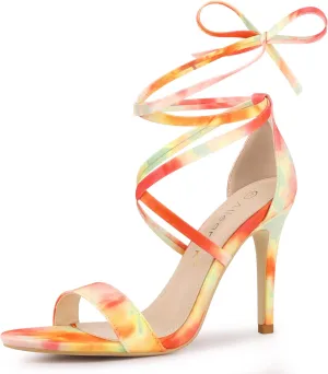 Allegra K Women's Tie Dye Lace Up Stiletto Heel Sandals