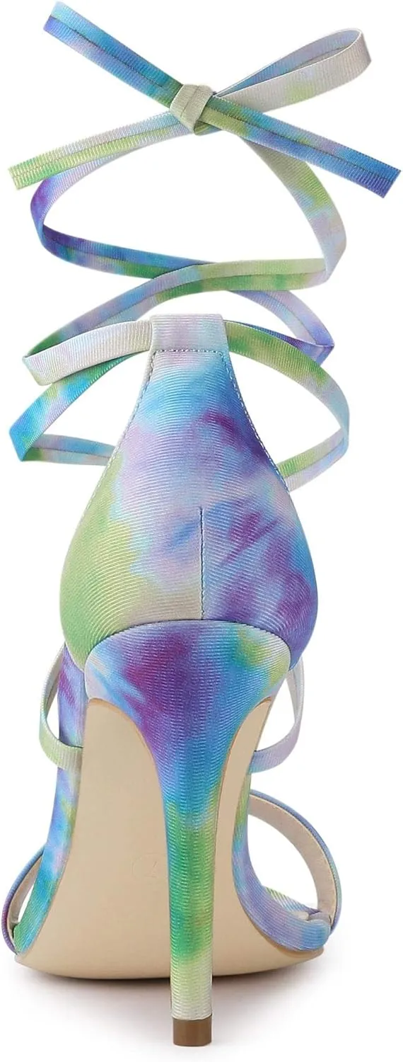Allegra K Women's Tie Dye Lace Up Stiletto Heel Sandals