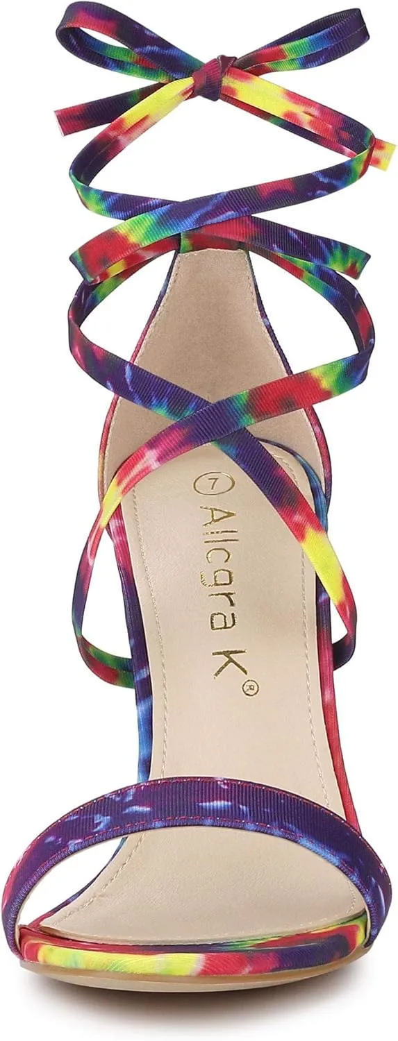 Allegra K Women's Tie Dye Lace Up Stiletto Heel Sandals