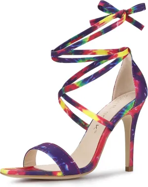 Allegra K Women's Tie Dye Lace Up Stiletto Heel Sandals