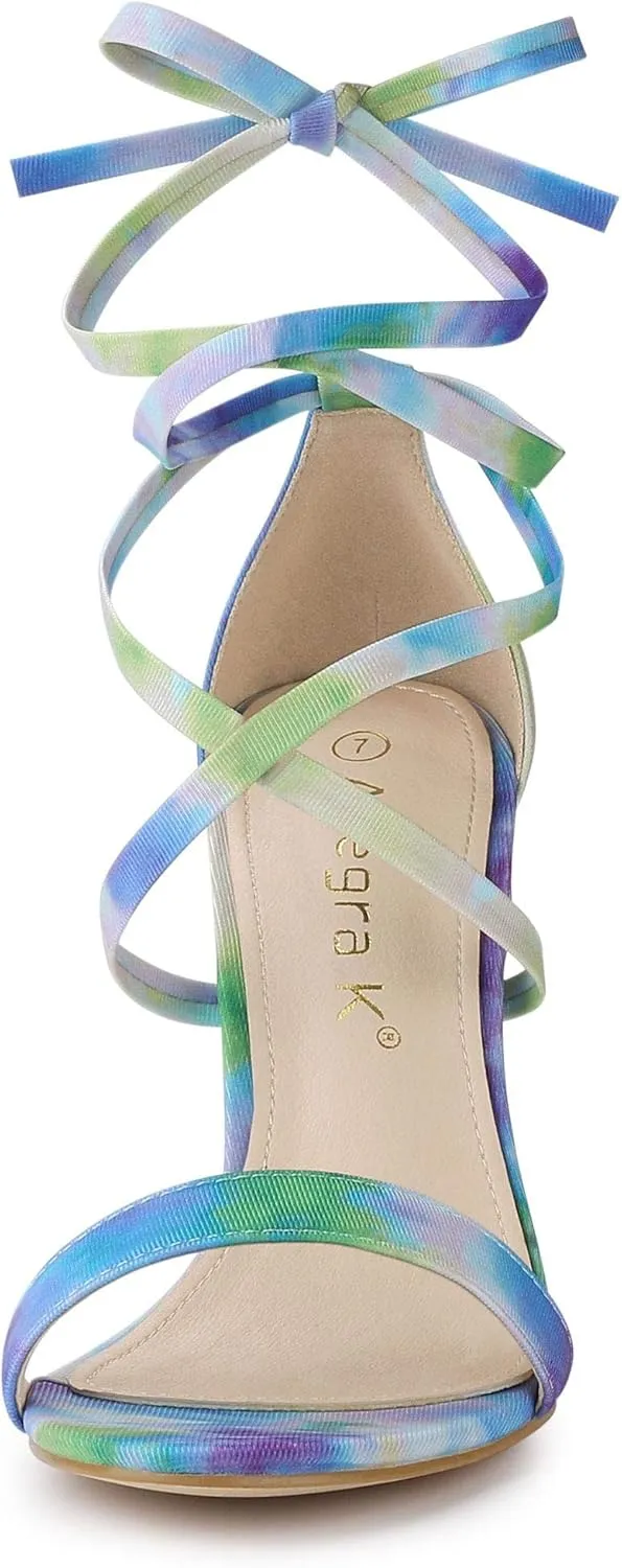 Allegra K Women's Tie Dye Lace Up Stiletto Heel Sandals