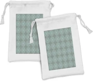 Ambesonne Baroque Fabric Pouch Set of 2, Oriental Curving Strokes with Geometric Details for a Royal Setting, Small Drawstring Bag for Toiletries Masks and Favors, 9" x 6", Teal Beige and Eggshell