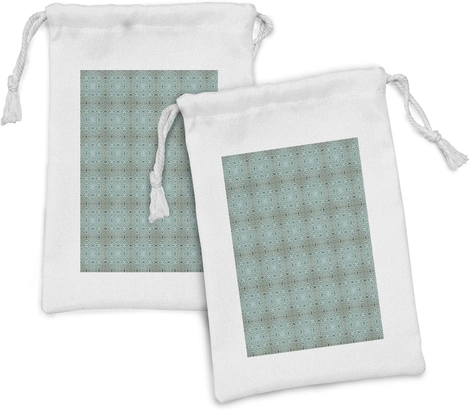 Ambesonne Baroque Fabric Pouch Set of 2, Oriental Curving Strokes with Geometric Details for a Royal Setting, Small Drawstring Bag for Toiletries Masks and Favors, 9" x 6", Teal Beige and Eggshell