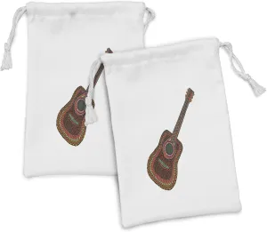 Ambesonne Classic Rock Fabric Pouch Set of 2, Acoustic Guitar Print with Geometric Ornamentation Musical Equipment, Small Drawstring Bag for Toiletries Masks and Favors, 9" x 6", Multicolor