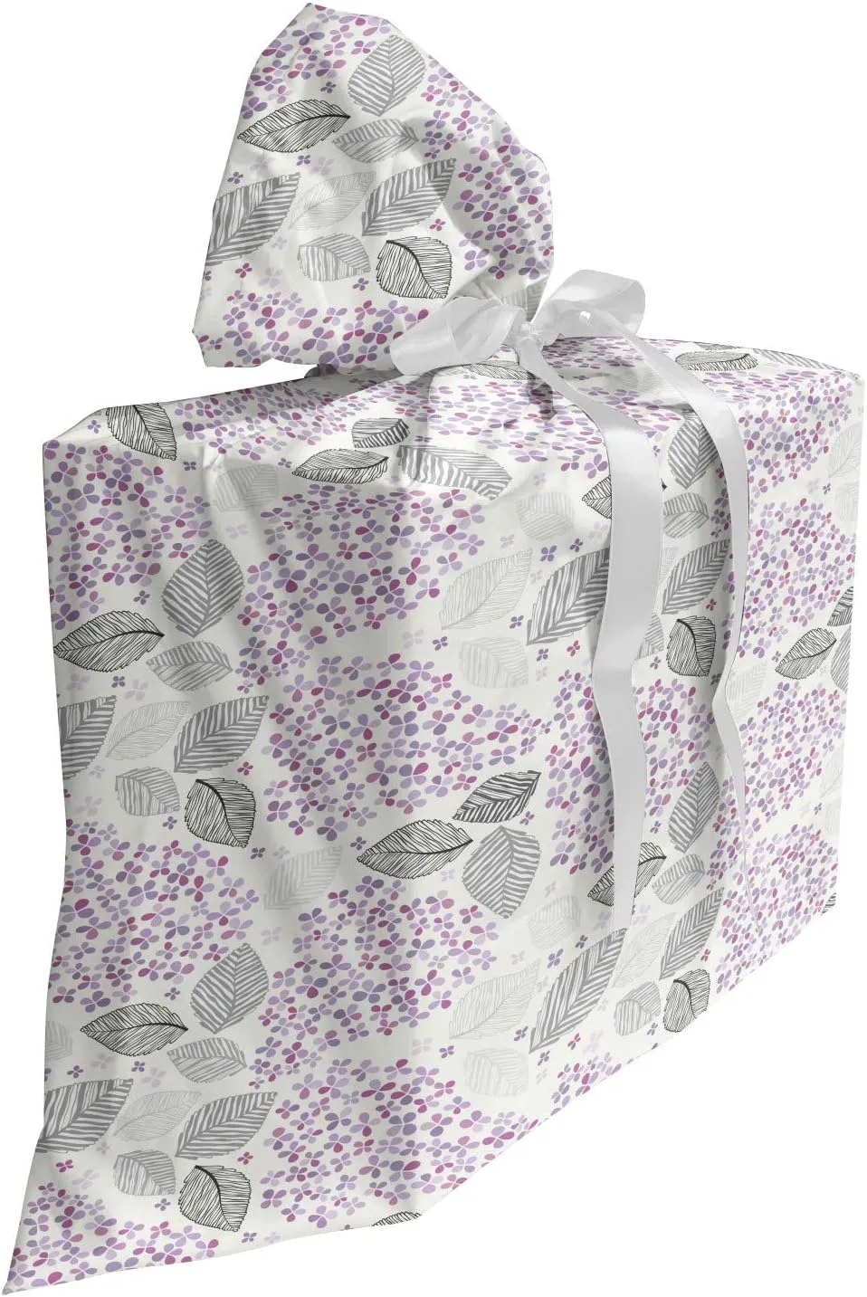 Ambesonne Floral Gift Bag, Ornamental Geometric Lilac Flower Blossoms and Striped Leaves Stretching, Fabric Party Favor Pouch with 3 Ribbons, 27, Pale Purple Pale Taupe