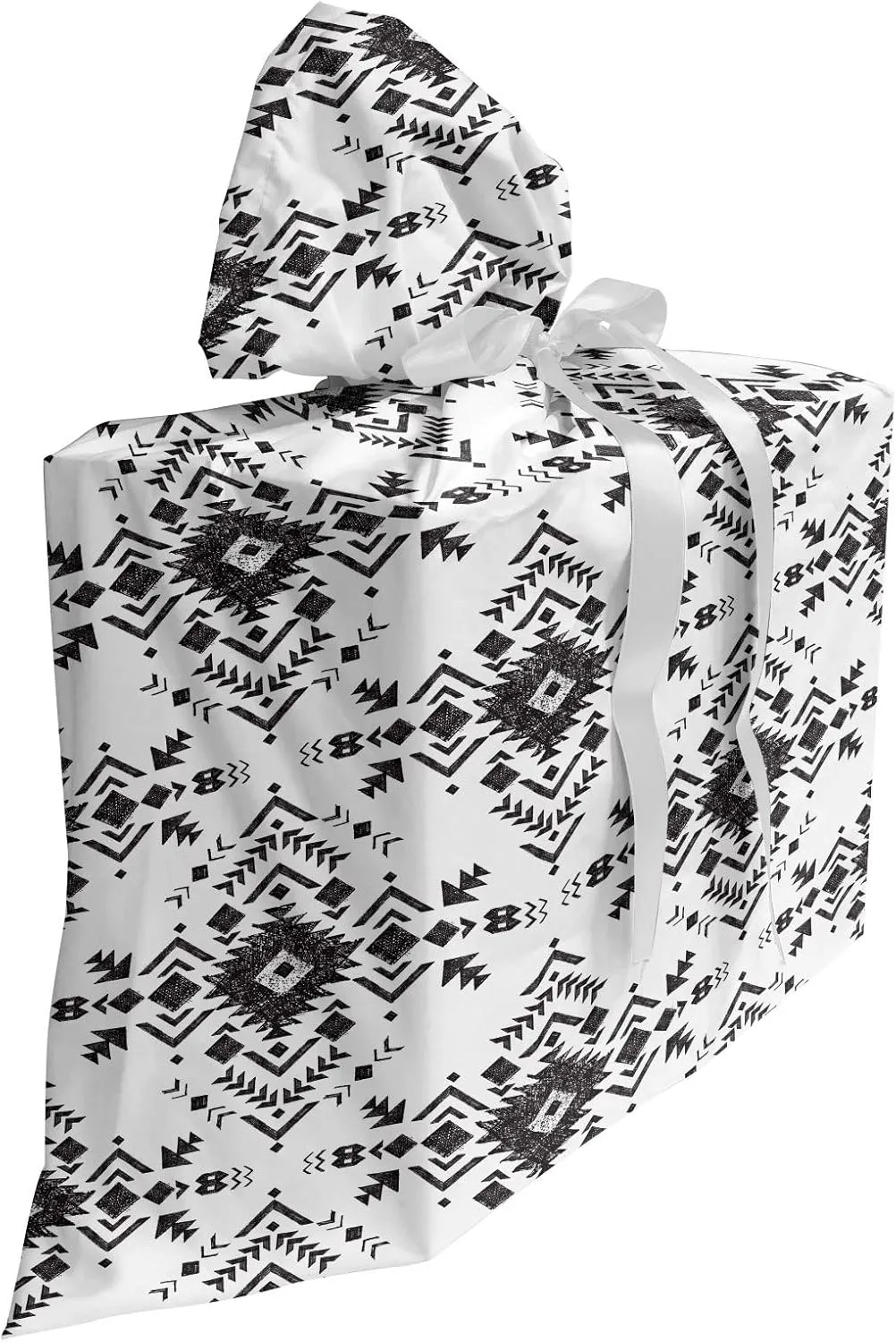 Ambesonne Geometric Fabric Gift Bag, Demonstration of Monochrome Style Triangles Squares and Zigzags, Present Sack for Parties Birthdays with 3 Ribbons, 27, Dark Taupe Grey White
