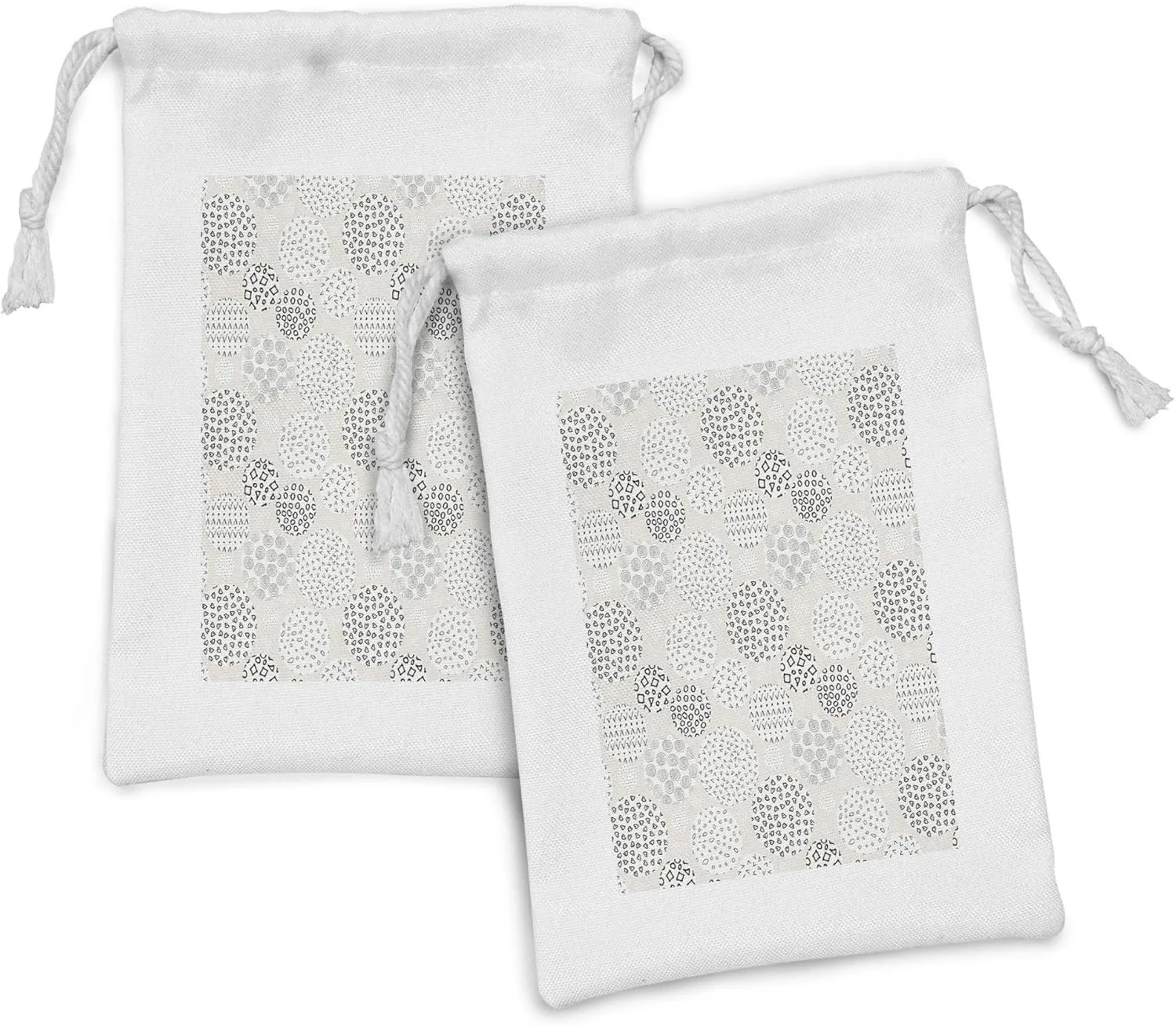 Ambesonne Geometric Fabric Pouch Set of 2, Abstract Circles Inner Hearts Zigzags Ovals Spirals Neutral Design, Small Drawstring Bag for Toiletries Masks and Favors, 9" x 6", Charcoal Grey Eggshell