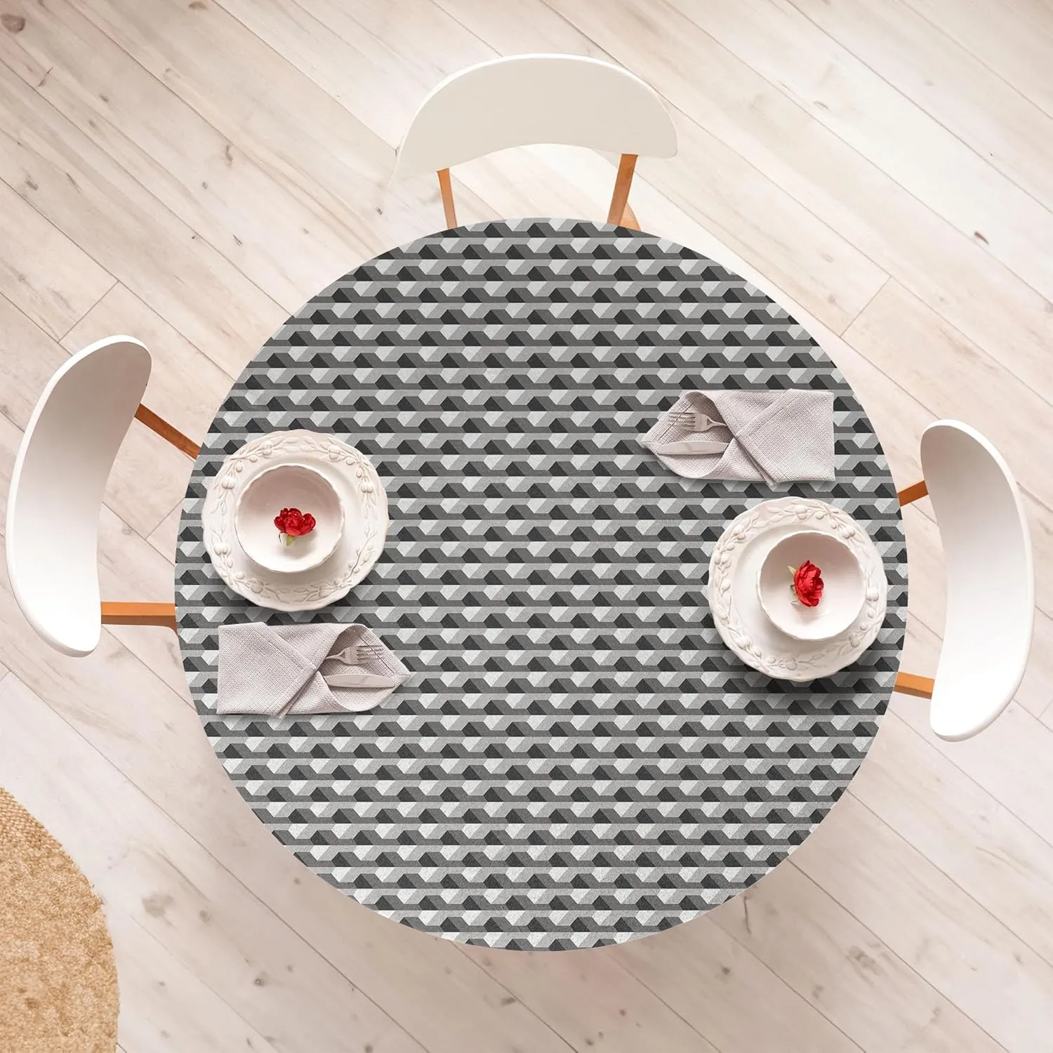 Ambesonne Geometric Fitted Round Tablecloth, Concrete Geometric Patterns with Odd Minimalist Linked Shapes Image Print, All Around Elastic Fabric Table Cover, 40"- 44" Diameter, Grey Black White