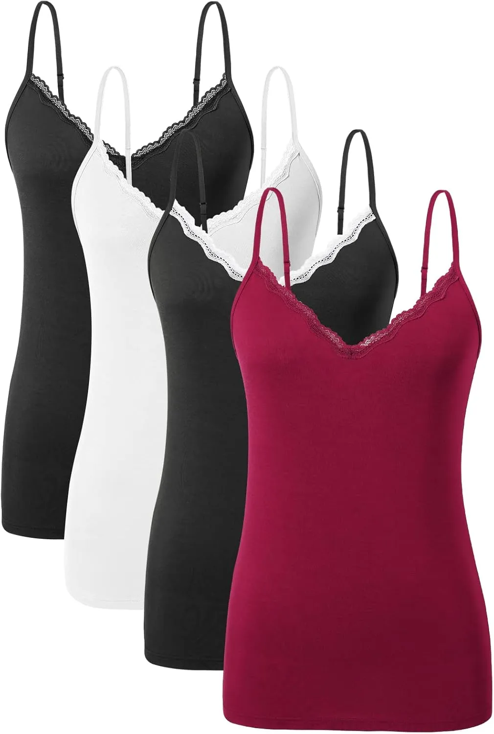 AMVELOP v Neck Women Camisole Adjustable Spaghetti Strap cami lace Trim Tank Tops 4 Pack