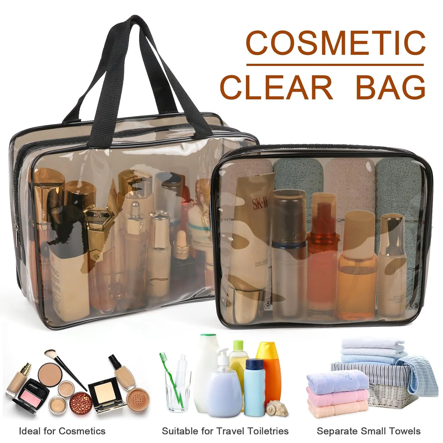 APREUTY Clear Makeup Bags, TSA Approved 6 Pcs Cosmetic Makeup Bags Set Clear PVC with Zipper Handle Portable Travel Luggage Pouch Airport Airline Vacation Organization (Black Brown)