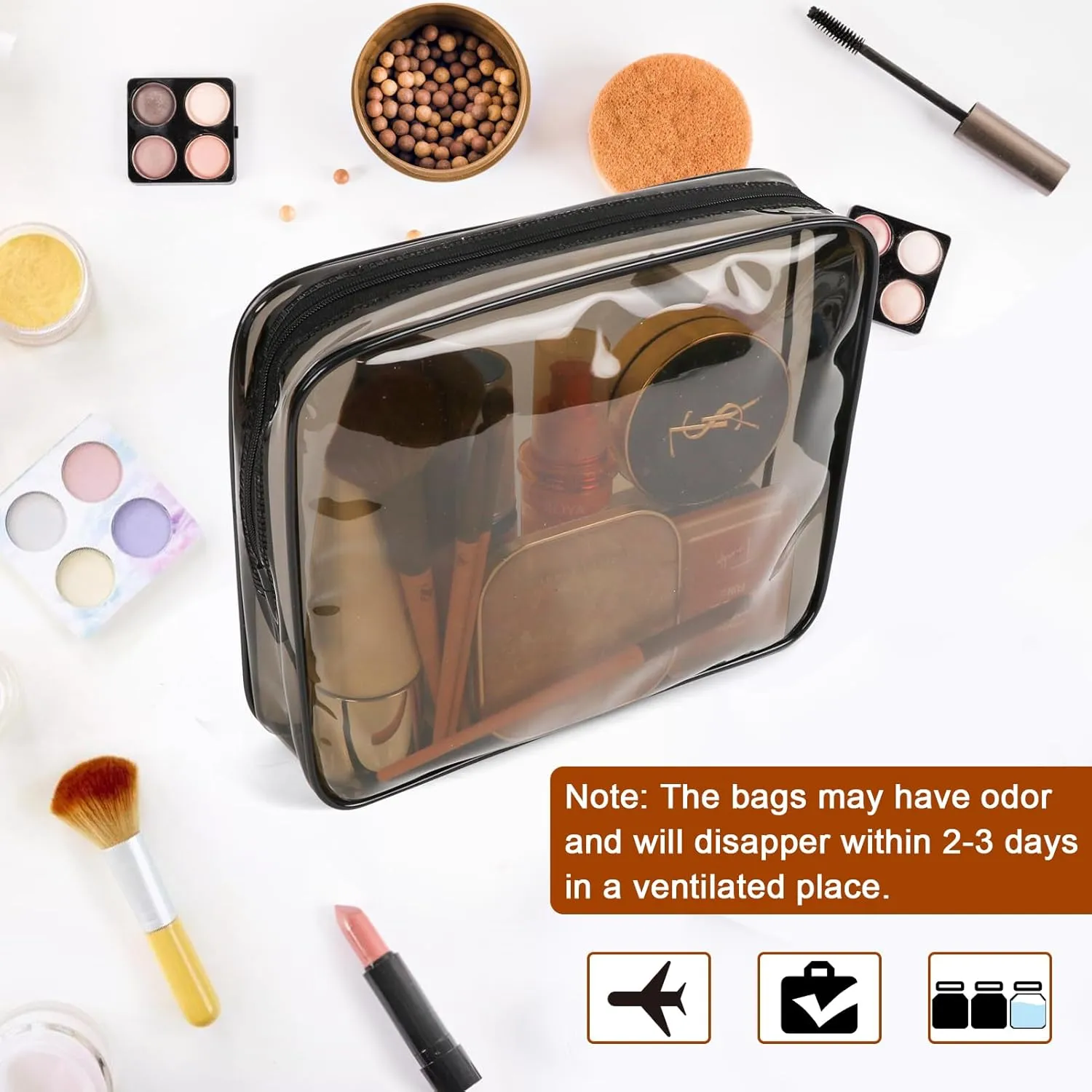 APREUTY Clear Makeup Bags, TSA Approved 6 Pcs Cosmetic Makeup Bags Set Clear PVC with Zipper Handle Portable Travel Luggage Pouch Airport Airline Vacation Organization (Black Brown)