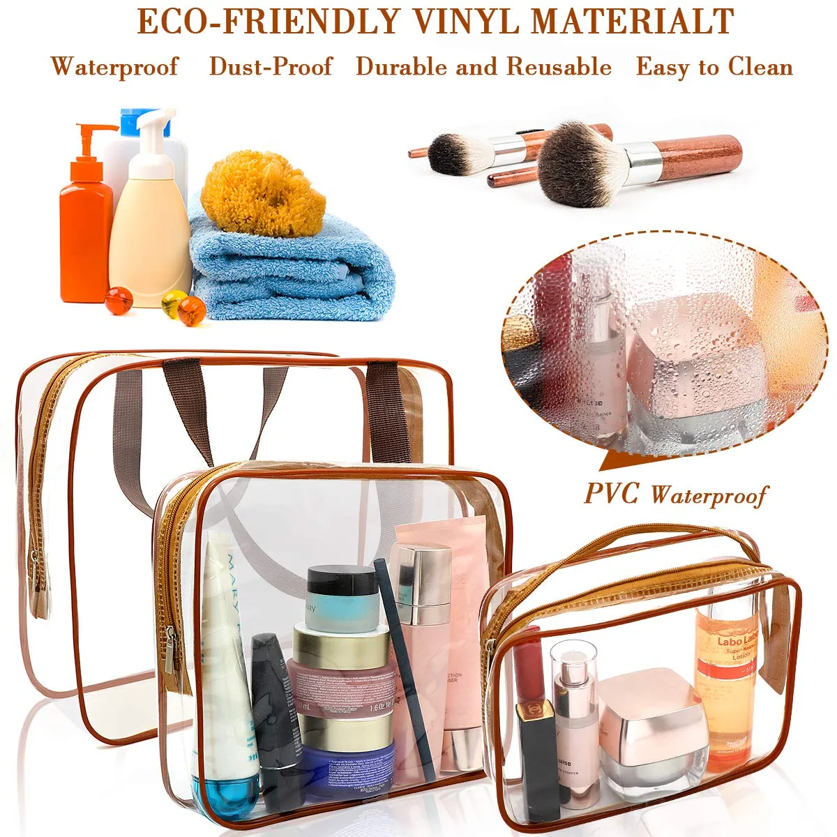 APREUTY Clear Makeup Bags, TSA Approved 6Pcs Cosmetic Makeup Bags Set Clear PVC w/Zipper Handle Portable Travel Luggage Pouch Airport Airline Bags Bathroom (Coffee)