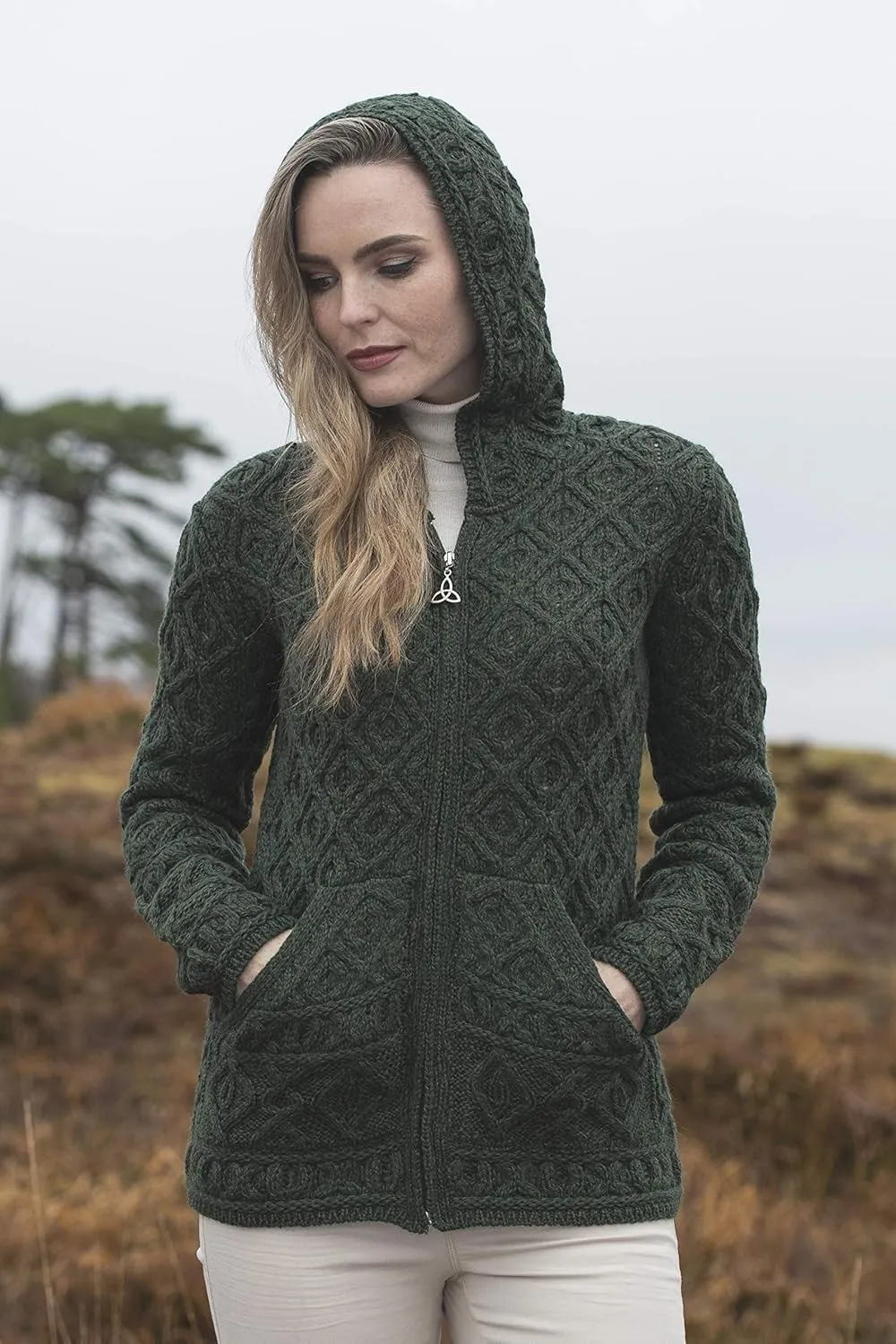 Aran Crafts Women's Soft Cable Knit Honeycomb Hood Cardigan (100% Merino Wool)