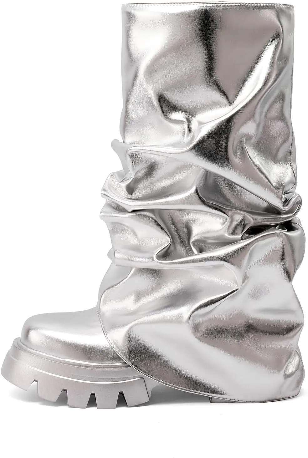 Arqa Fold Over Boots For Women Lug Sole Mid Calf Boot Slouched Ruched Platform Riding Booties Summer Party Shoes